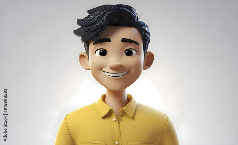 Smiling Asian cartoon character young man male person wearing yellow shirt in 3d style design on light background. Human people feelings expression concept Smiling Asian cartoon character young man male person wearing yellow shirt in 3d style design on light background. Human people feelings expression concept