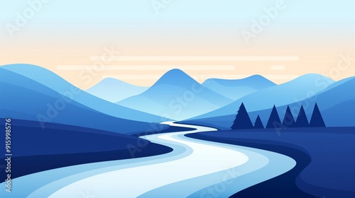 2D illustration of a river flowing smoothly on a plain with basic shapes on a neutral colored background in a simplicity of drawing in a minimalist vector style