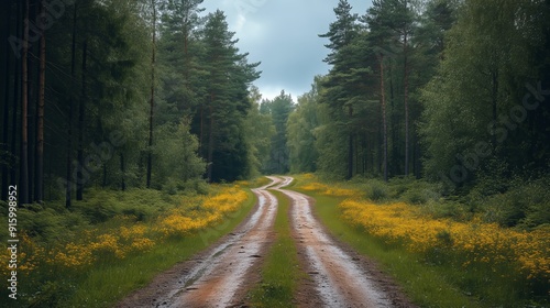 A tranquil illustration of a winding pathway through an enchanted forest.