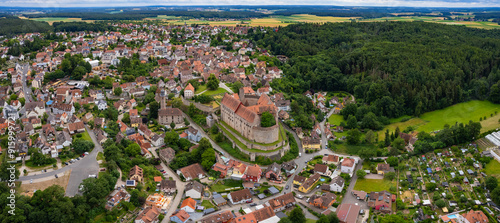 A panoramic  Aerial  view of the old town of the city Cadolzburg on a late summer afternoon in Germany.	
 photo