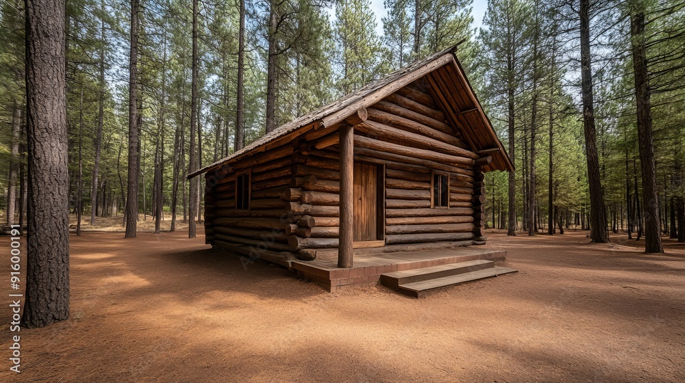 An abandoned log cabin with rough-hewn timber, nestled in a dense pine forest, showcasing the natural ruggedness and earthy tones An abandoned log cabin with rough-hewn timber, nestled in a dense pine forest, showcasing the natural ruggedness and earthy tones