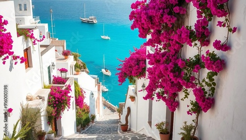Fototapeta Naklejka Na Ścianę i Meble -  A charming coastal village features whitewashed houses adorned with vibrant bougainvillea, winding cobblestone streets, and stunning views of the turquoise sea filled with gently bobbing fishing boats