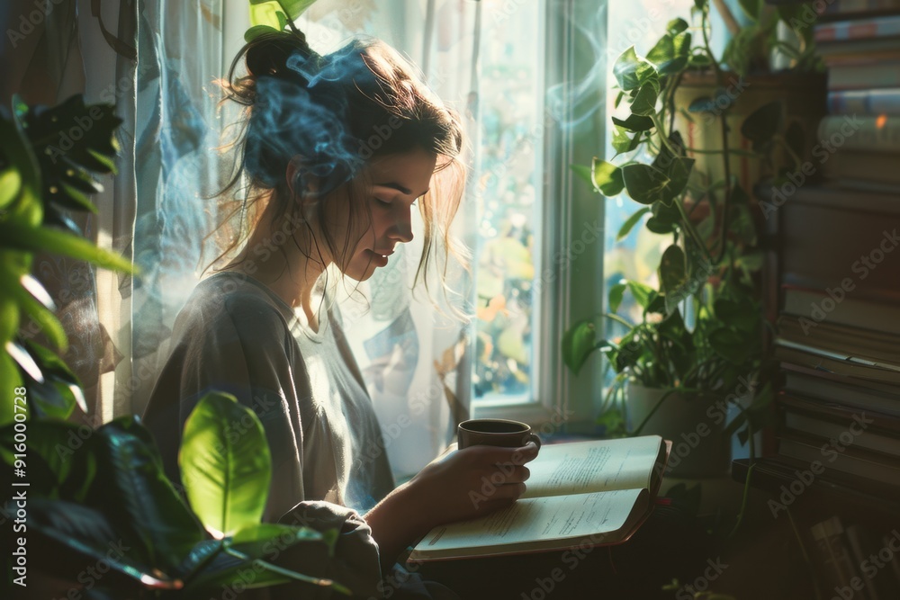 A tranquil moment of journaling by a sunny window amidst lush greenery A tranquil moment of journaling by a sunny window amidst lush greenery
