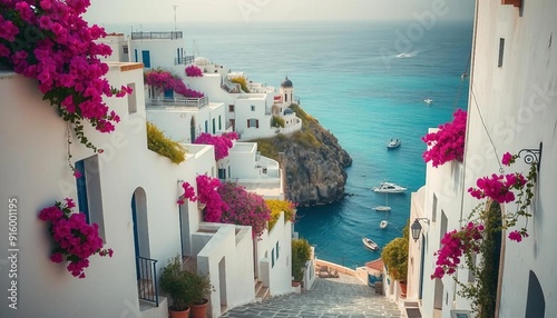 Fototapeta Naklejka Na Ścianę i Meble -  A charming coastal village features whitewashed houses adorned with vibrant bougainvillea, winding cobblestone streets, and stunning views of the turquoise sea filled with gently bobbing fishing boats