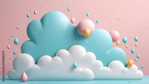 smiling blue clouds raining on pink background; perfect for weatherrelated graphics, childrens illustrations, and cute background designs. photo