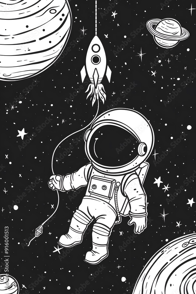 A Lone Astronaut in the Vast Expanse of Space, Tethered to a Tiny Rocket, Drifting Amongst Stars and Planets A Lone Astronaut in the Vast Expanse of Space, Tethered to a Tiny Rocket, Drifting Amongst Stars and Planets