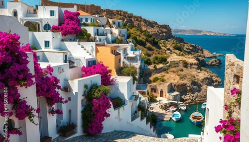 Fototapeta Naklejka Na Ścianę i Meble -  A charming coastal village features whitewashed houses adorned with vibrant bougainvillea, winding cobblestone streets, and stunning views of the turquoise sea filled with gently bobbing fishing boats