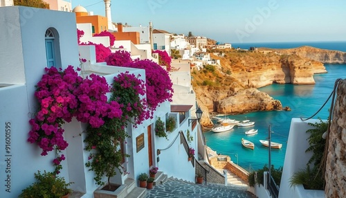 Fototapeta Naklejka Na Ścianę i Meble -  A charming coastal village features whitewashed houses adorned with vibrant bougainvillea, winding cobblestone streets, and stunning views of the turquoise sea filled with gently bobbing fishing boats