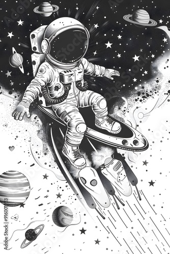 A Spacefaring Astronaut Navigates a Cosmic Skateboard Through a Starry Galaxy, Embracing the Immensity of Space