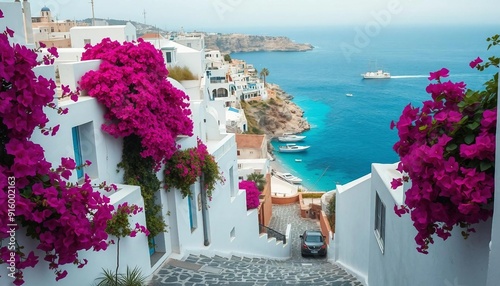 Fototapeta Naklejka Na Ścianę i Meble -  A charming coastal village features whitewashed houses adorned with vibrant bougainvillea, winding cobblestone streets, and stunning views of the turquoise sea filled with gently bobbing fishing boats