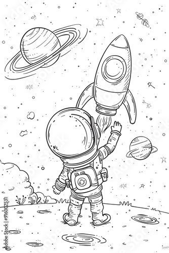 An Astronaut's Dream: A Whimsical Black and White Illustration of a Child Dressed as an Astronaut Holding a Rocket, Standing on a Planet with Puddles of Water, Surrounded by Stars and Planets