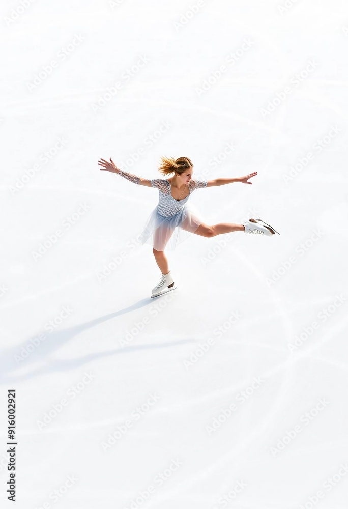 A female ice skater performs an elegant spin on a smooth, pristine rink, her graceful movements and sparkling costume shining against a bright, airy background with soft white tones, creating a clean A female ice skater performs an elegant spin on a smooth, pristine rink, her graceful movements and sparkling costume shining against a bright, airy background with soft white tones, creating a clean