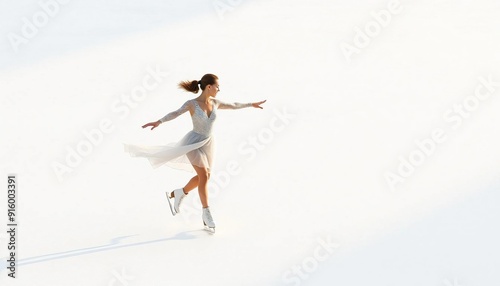 A female ice skater performs an elegant spin on a smooth, pristine rink, her graceful movements and sparkling costume shining against a bright, airy background with soft white tones, creating a clean 