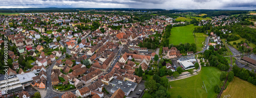 An Aerial panorama view around the old town of the city Langenzenn on an early summer day in Germany. photo