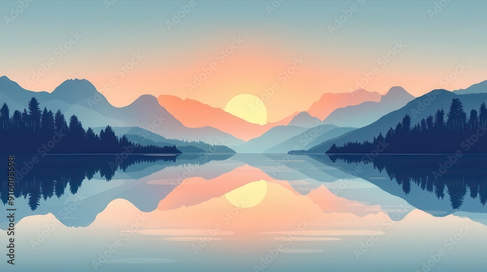 Tranquil landscape reflecting calm waters and a serene sky, peaceful state