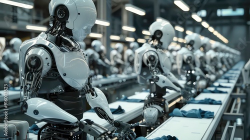 A line of white robots work on a factory assembly line, assembling clothing.