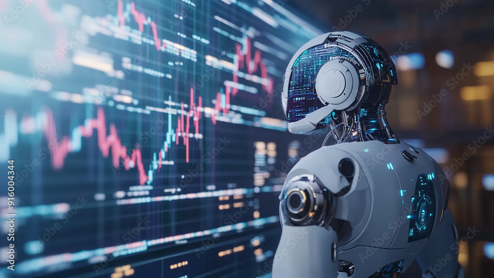 Crypto Trading Robot Analyzing Forex Graph in Vray Style Crypto Trading Robot Analyzing Forex Graph in Vray Style
