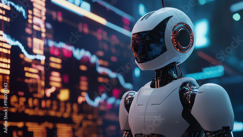 Crypto Trading Robot Analyzing Forex Graph in Vray Style