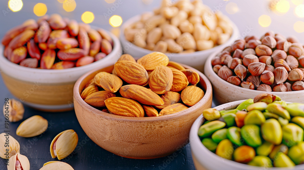 Mixed Nuts in Bowls: Almonds Hazelnuts Pistachios and Peanuts as Healthy Snacks. Colorful Display of Nut Varieties with Soft Bokeh Background