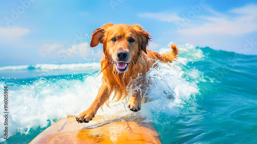 Cheerful golden retriever puppy dog riding surfboard and splashing in ocean wave during summer beach vacation  Cute happy pet animal having fun outdoor adventure
