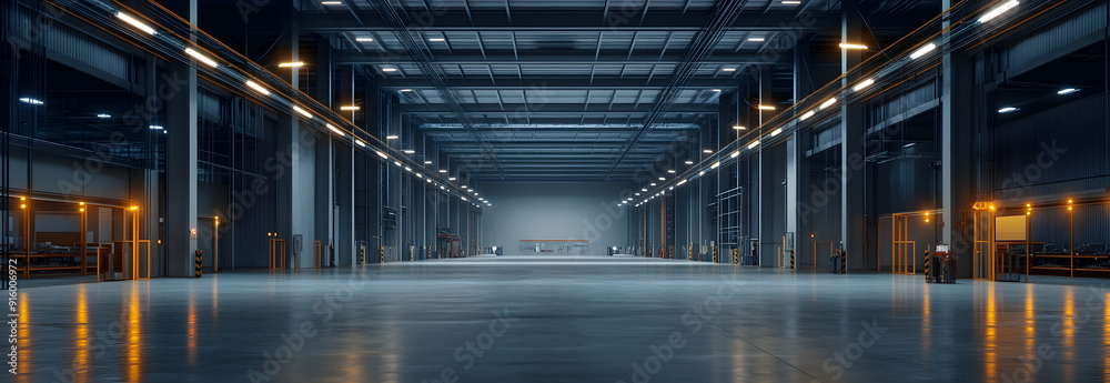 Naklejka premium Expansive and cavernous empty industrial factory warehouse interior with overhead cranes lighting and open space Representing a manufacturing plant or supply chain distribution network facility