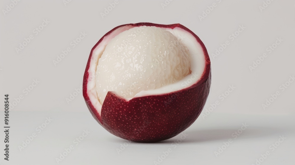 Close-up of a mangosteen cut in half, revealing the delicate texture of the pulp. Set against a white background for a clean, minimalistic look