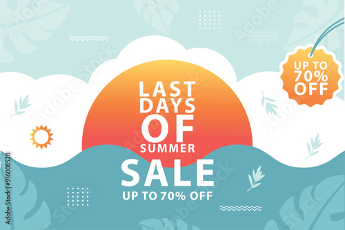 Vibrant banner promoting a "Last Days of Summer Sale" with discounts of up to 70% off. Blue-teal background with warm sunset, soft clouds, and palm leaves for promoting summer seasonal sales.