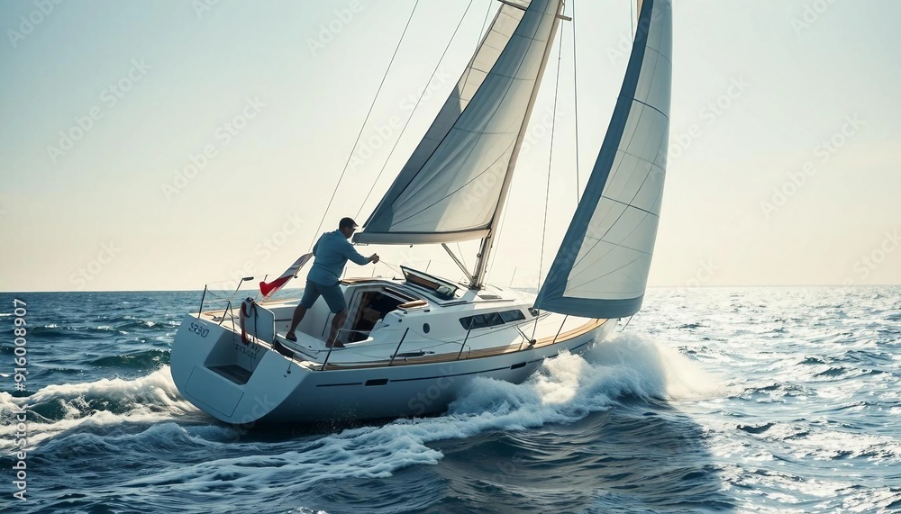 Fototapeta premium A sailboat races across the open sea in bright sunlight, with a competitive sailor adjusting the sails to harness the wind, as waves churn beneath and the wind whips through the sails.