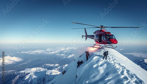 Climbers stranded on a steep peak, thick clouds swirling as they signal for help. A rescue helicopter emerges from the mist, hovering near the summit.