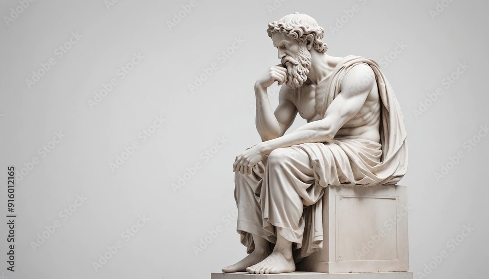Statue of a Greek philosopher in contemplation, isolated white background, full body side view, copy space for text
Statue of a Greek philosopher in contemplation, isolated white background, full body side view, copy space for text