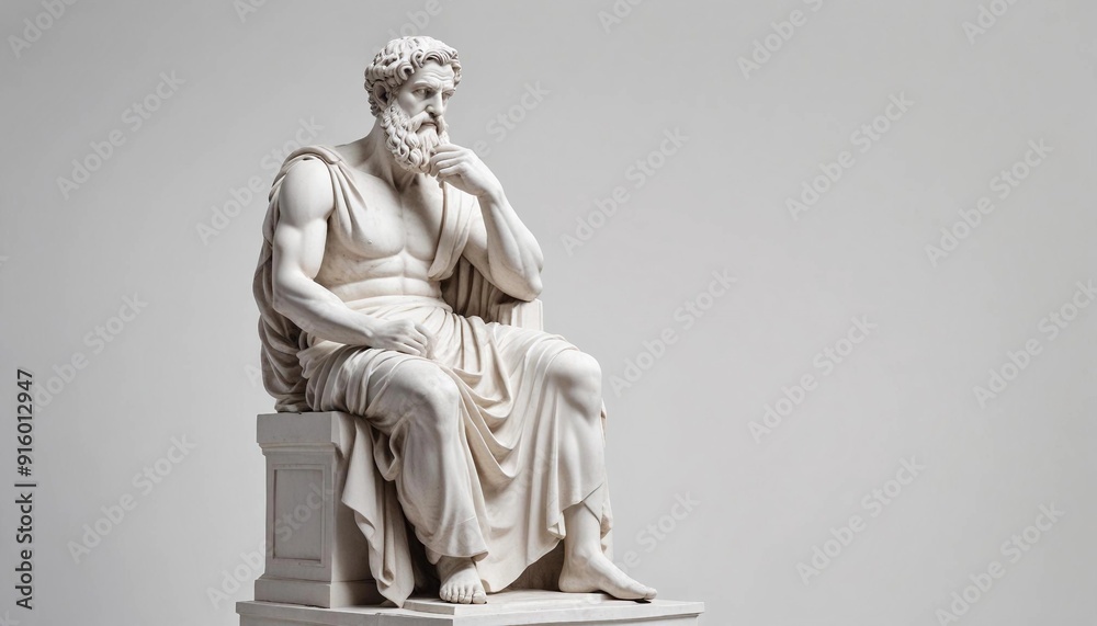 Statue of a Greek philosopher in contemplation, isolated white background, full body side view, copy space for text
Statue of a Greek philosopher in contemplation, isolated white background, full body side view, copy space for text