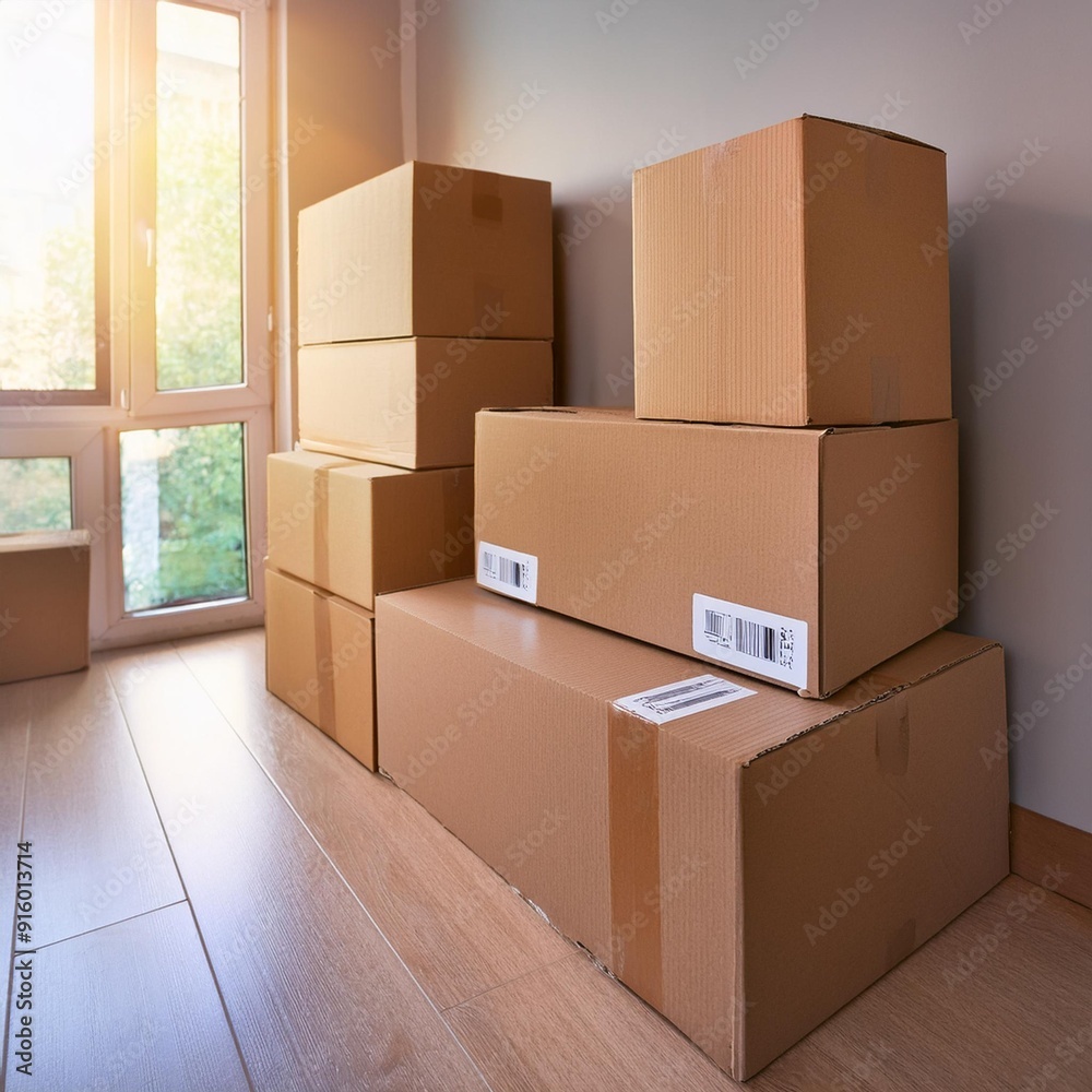 Stack of cardboard moving boxes in a vacant room Stack of cardboard moving boxes in a vacant room
