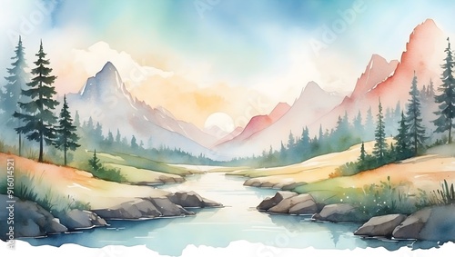 Aquarell Wasserfarben Gemälde Natur Landschaft Berge