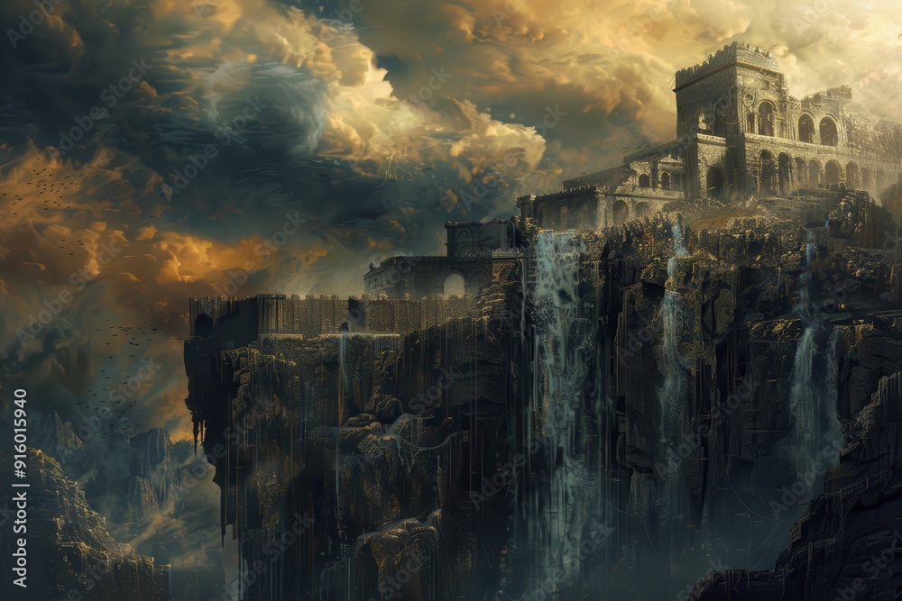 Fototapeta premium Ancient castle ruins on a stormy cliff with waterfalls