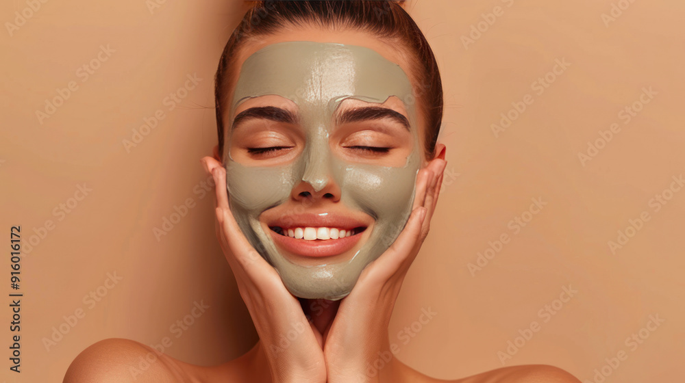 Young woman with fresh, smooth skin applying a clay mask, smiling and posing on a beige background Young woman with fresh, smooth skin applying a clay mask, smiling and posing on a beige background