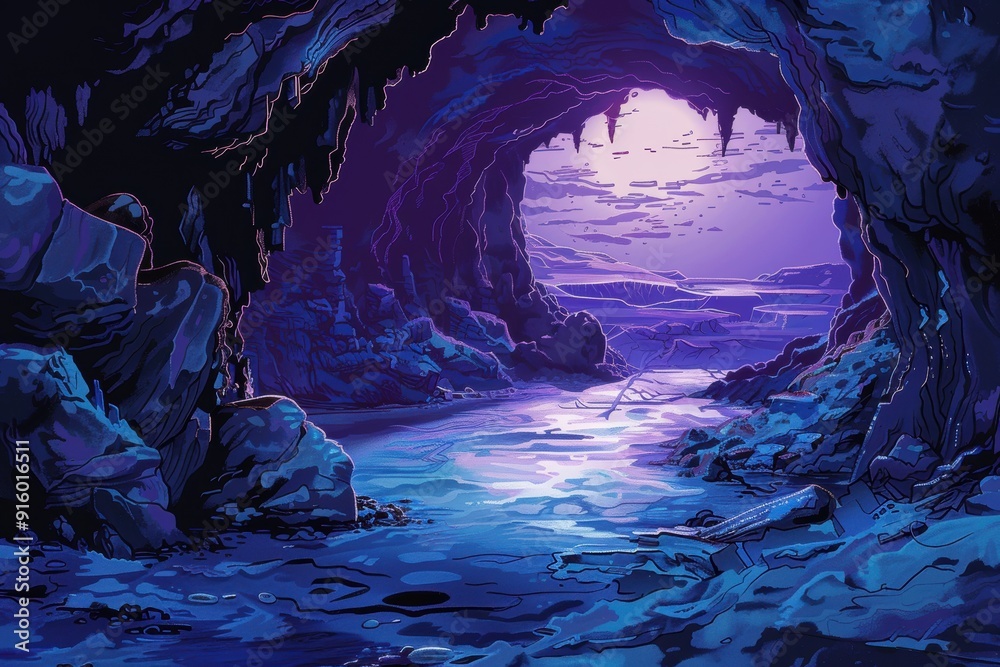 Bioluminescent cavern with a distant glowing moon and shimmering water Bioluminescent cavern with a distant glowing moon and shimmering water