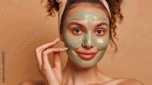 Young lady applying a clay face mask, looking satisfied with her skincare routine, on a beige background
