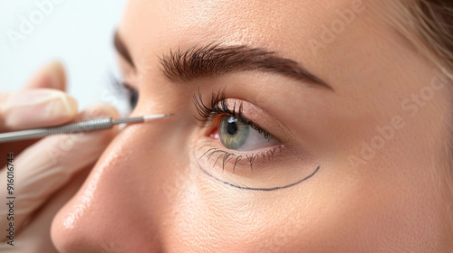 Woman's face with a plastic surgeon drawing lines under her eye, closeup beauty portrait, showcasing plastic surgery