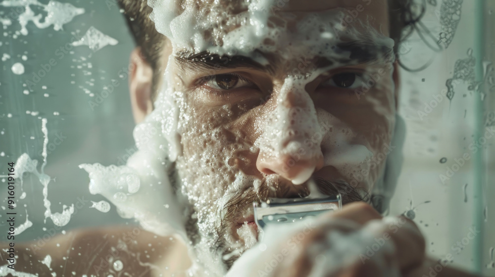 Fototapeta premium Man removing facial hair with a safety razor, face covered in shaving foam, focused on mirror reflection in the bathroom