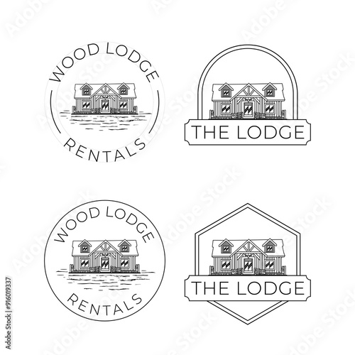 A sleek emblem logo illustration for Wood Lodge featuring minimalist lines, capturing the rustic charm and elegance of a modern retreat in the woods.