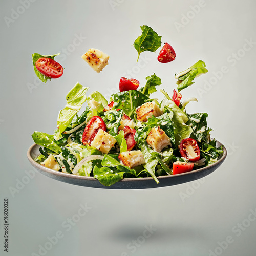Tasty ingredients for Caesar salad falling into plate on white background