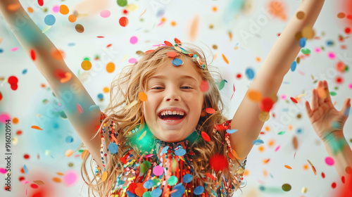 Excited young girl covered in colorful confetti, enjoying the moment on a white background photo