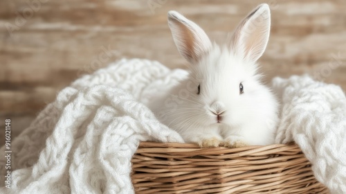 Fluffy angora rabbit in a woven basket, capturing the essence of warmth and softness, with its lightweight coat beautifully contrasted against natural materials photo