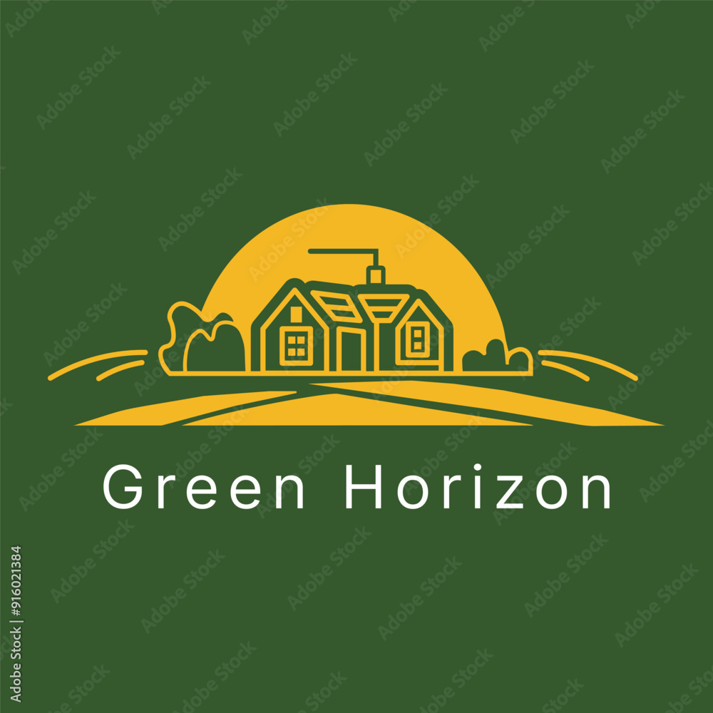Naklejka premium A minimalist green logo design with sunset and house outline gold against a green background. Green Horizon logo for eco-friendly brands, real estate, or agricultural businesses.