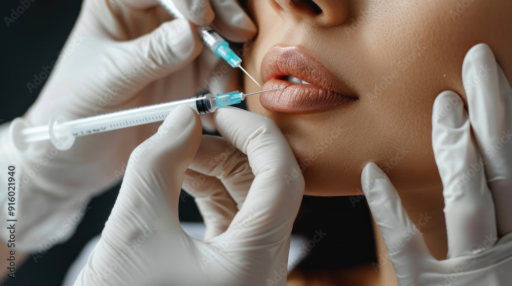 Detailed closeup of beautician injecting fillers near woman's chin for contouring, highlighting the precision of the procedure Detailed closeup of beautician injecting fillers near woman's chin for contouring, highlighting the precision of the procedure