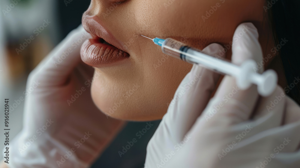 Detailed closeup of beautician injecting fillers near woman's chin for contouring, highlighting the precision of the procedure Detailed closeup of beautician injecting fillers near woman's chin for contouring, highlighting the precision of the procedure