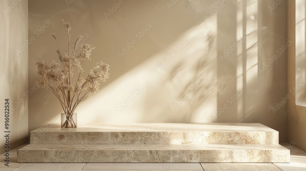 Elegant Stone Podium with Dry Flowers on Beige Wall Background for Presentation and Branding