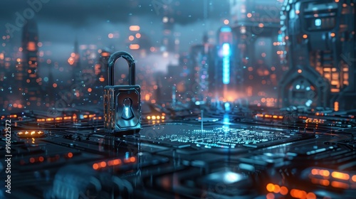 A Futuristic Cityscape with a Large Metal Lock in the Foreground