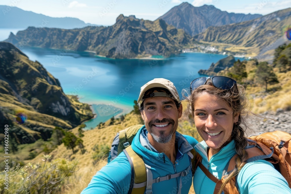 Couple Taking Selfie on Mountain Top Overlooking Lake Couple Taking Selfie on Mountain Top Overlooking Lake
