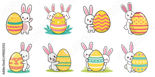 Clip art of multiple Easter eggs and cute bunnies